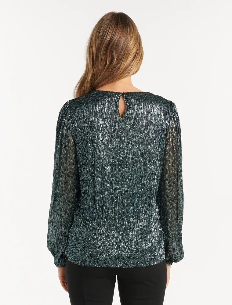 Paige Plisse Blouson-Sleeve Top