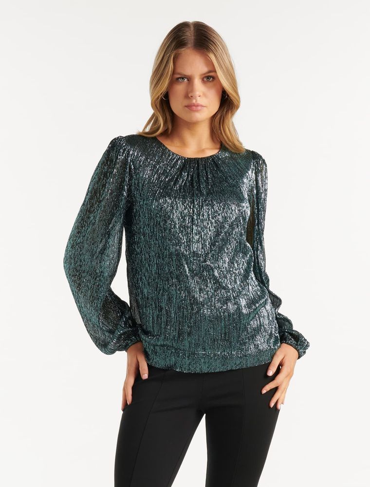 Paige Plisse Blouson-Sleeve Top