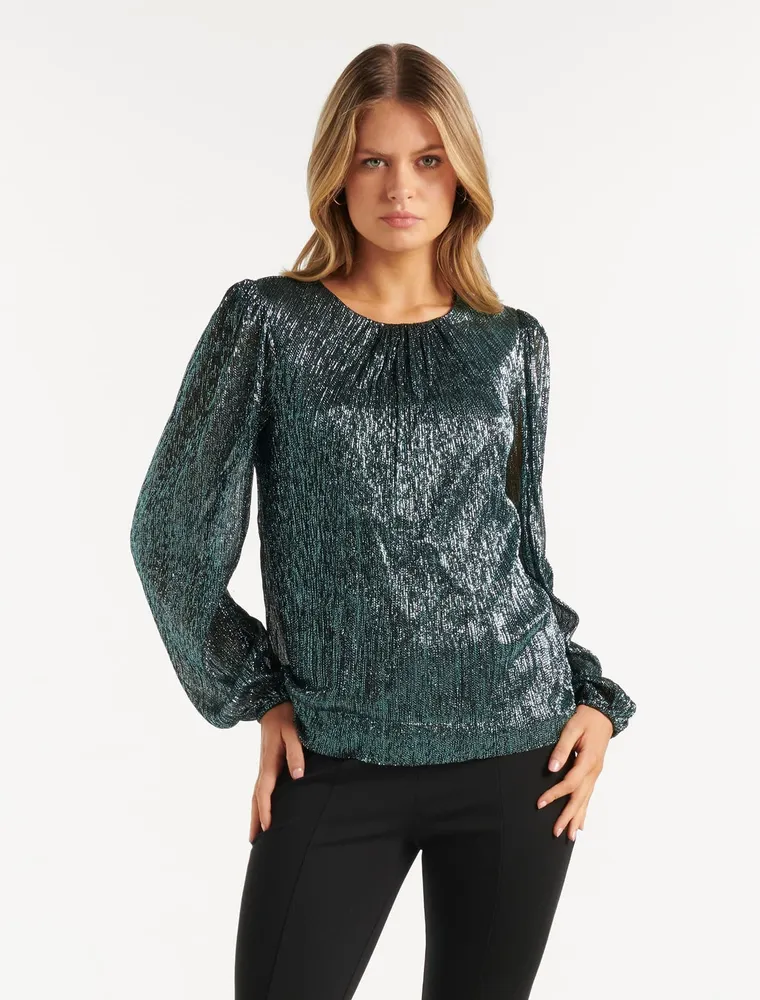 Paige Plisse Blouson-Sleeve Top