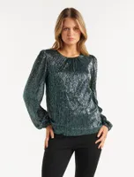 Paige Plisse Blouson-Sleeve Top