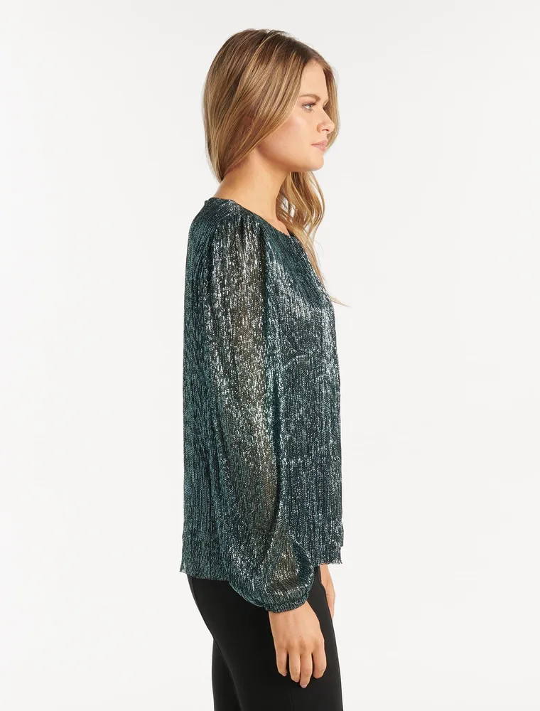 Paige Plisse Blouson-Sleeve Top