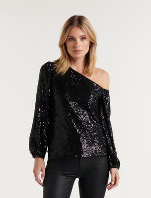 Lana Sequin Tipped-Shoulder Blouse