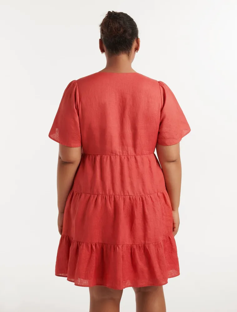 Serena Curve Linen Flutter-Sleeve Mini Dress in Red - Size 12 to 20 - Women's Plus Size Mini Dresses