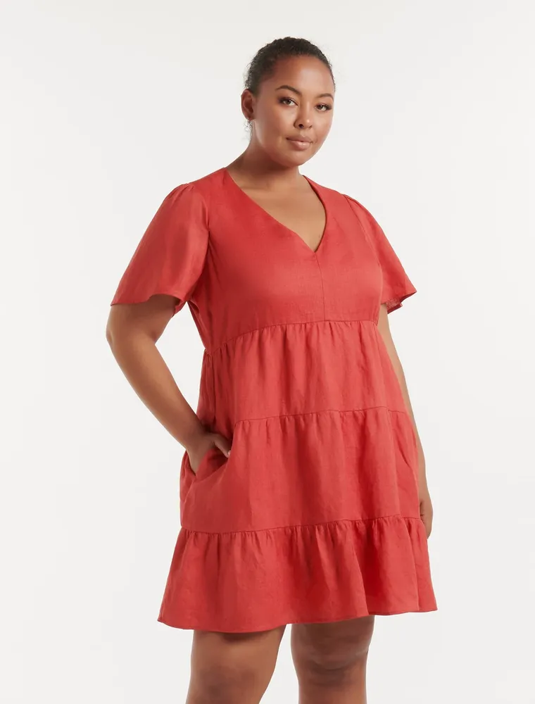 Serena Curve Linen Flutter-Sleeve Mini Dress in Red - Size 12 to 20 - Women's Plus Size Mini Dresses