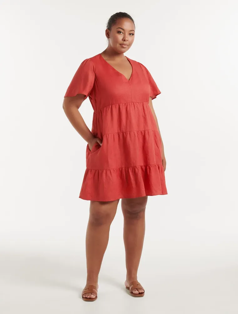 Serena Curve Linen Flutter-Sleeve Mini Dress in Red - Size 12 to 20 - Women's Plus Size Mini Dresses