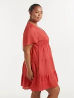 Serena Curve Linen Flutter-Sleeve Mini Dress in Red - Size 12 to 20 - Women's Plus Size Mini Dresses