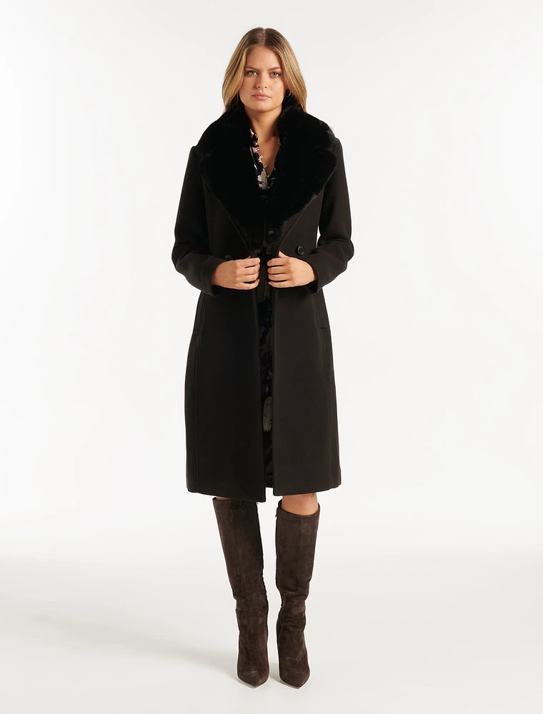 Nina Double-Breasted Faux Fur Collar Coat