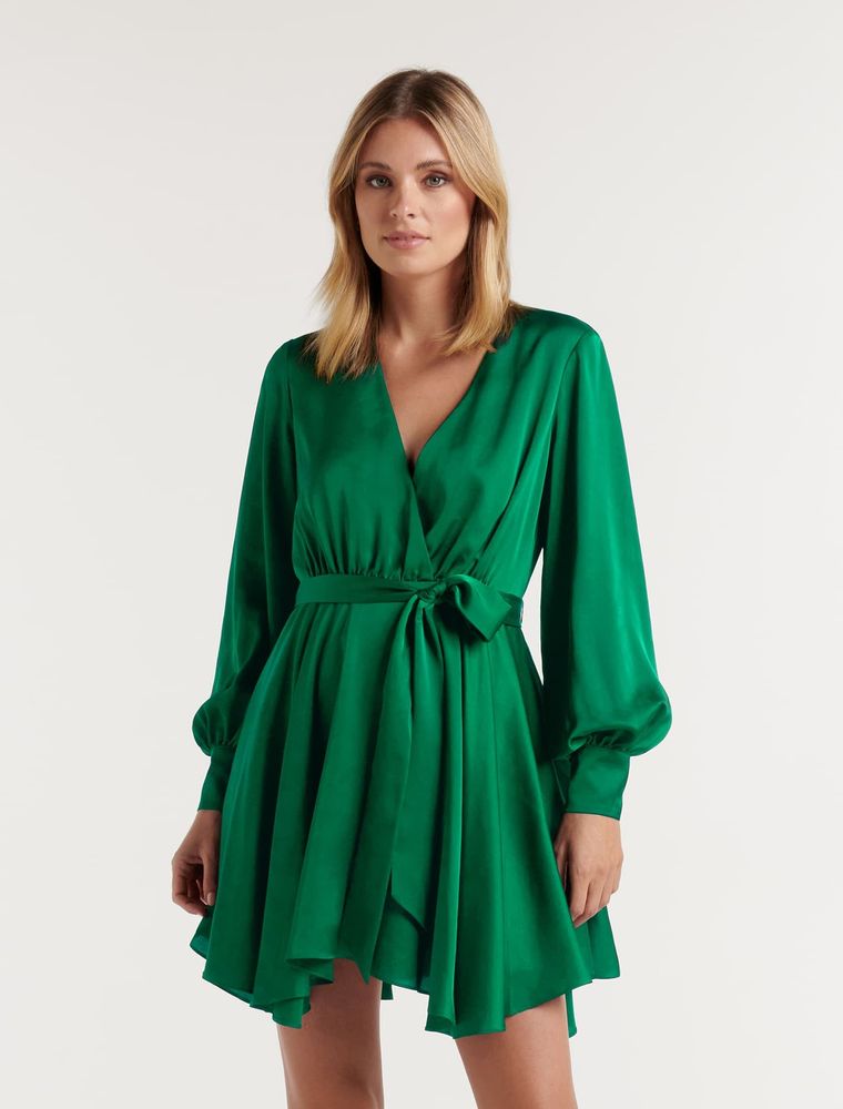 Tiffany Petite Asymmetrical-Hem Wrap Mini Dress