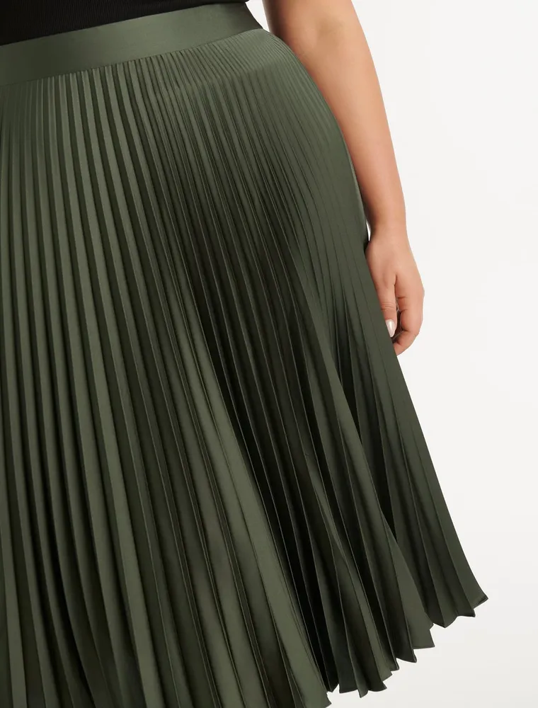 Ester Curve Satin Pleated Skirt Olive Green - 12 to 18 Women's Plus Midi Skirts