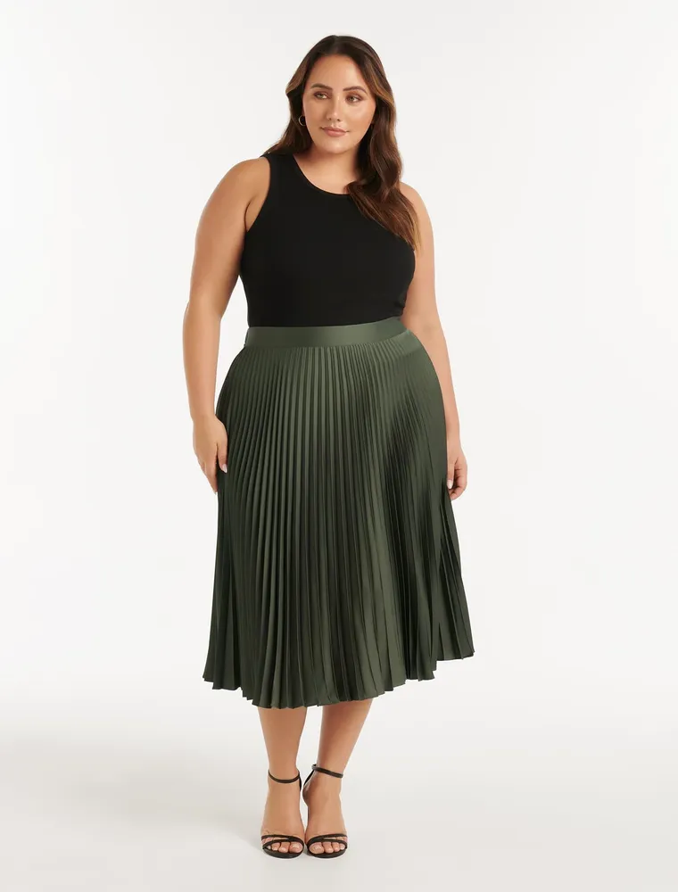 Ester Curve Satin Pleated Skirt Olive Green - 12 to 18 Women's Plus Midi Skirts