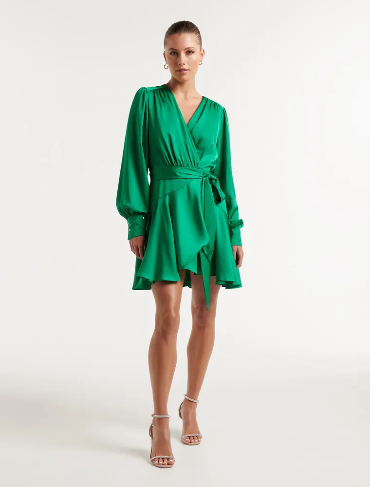 Matilda Satin Mini Dress in Green - Size 0 to 12 - Women's Mini Dresses