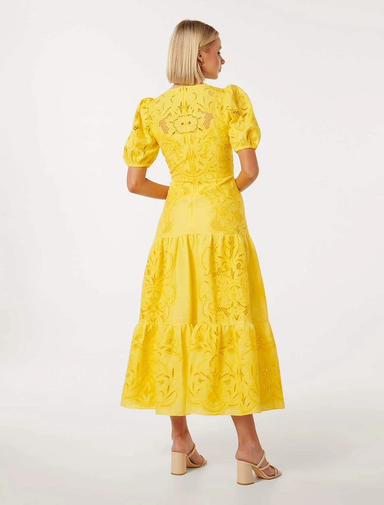 Lottie Broderie Midi Dress Yellow - 0 to 12 Women's Dresses