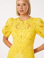 Lottie Broderie Midi Dress Yellow - 0 to 12 Women's Dresses