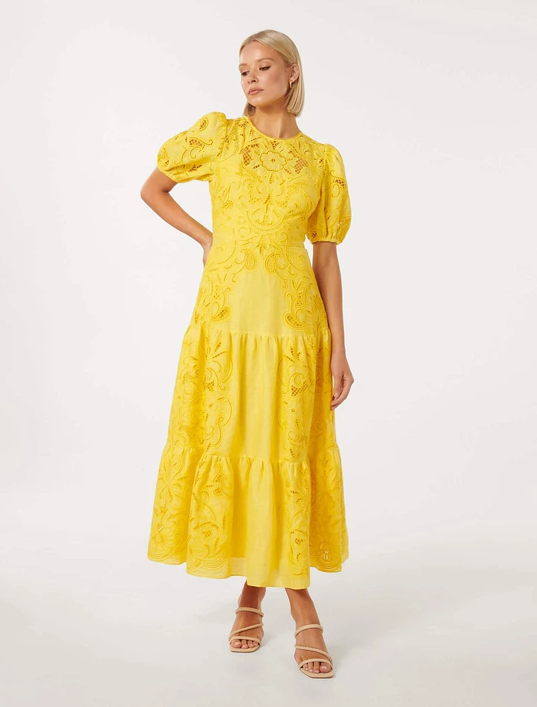 Lottie Broderie Midi Dress Yellow - 0 to 12 Women's Dresses