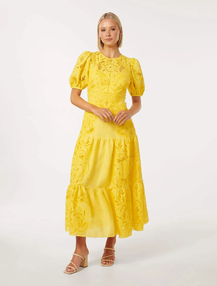 Lottie Broderie Midi Dress Yellow - 0 to 12 Women's Dresses