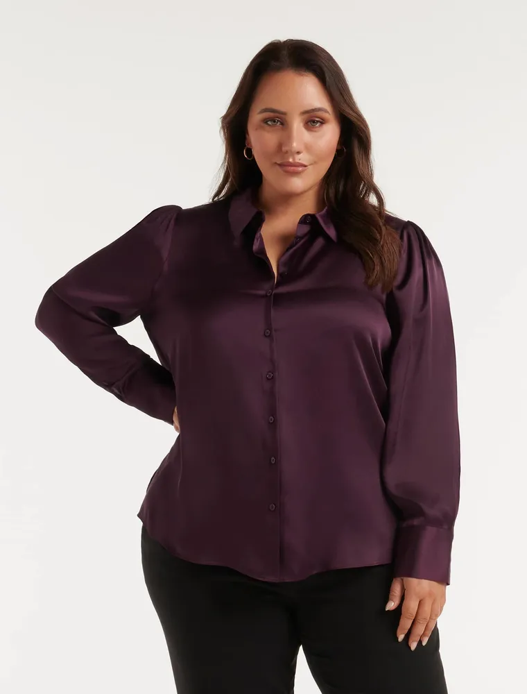 Lila Curve Longline Satin Shirt Nude - 12 to 20 Women's Plus Shirts