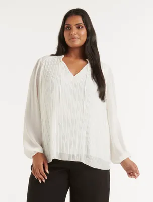 Tully Curve Pleat Detail Blouse White - 12 to 20 Women's Plus Blouses