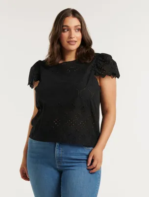 Sabine Curve Broderie Top Black - 12 to 20 Women's Plus Casual Tops