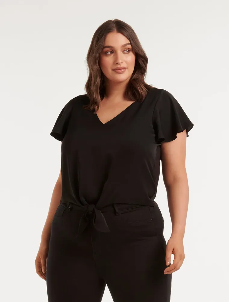 Hayley Curve Flutter-Sleeve Tie Top Black - 12 to 20 Women's Plus Casual Tops