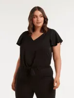 Hayley Curve Flutter-Sleeve Tie Top Black - 12 to 20 Women's Plus Casual Tops