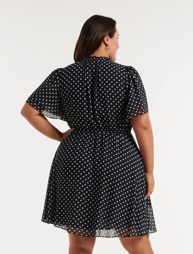 Bea Curve Flutter-Sleeve Mini Dress Black and White Spot - 12 to 20 Women's Plus Dresses