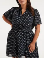 Bea Curve Flutter-Sleeve Mini Dress Black and White Spot - 12 to 20 Women's Plus Dresses