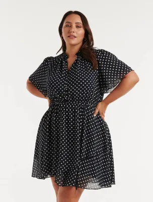 Bea Curve Flutter-Sleeve Mini Dress Black and White Spot - 12 to 20 Women's Plus Dresses