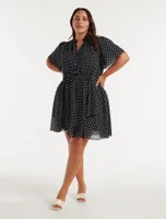Bea Curve Flutter-Sleeve Mini Dress Black and White Spot - 12 to 20 Women's Plus Dresses
