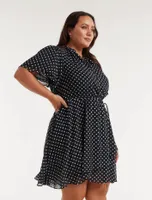 Bea Curve Flutter-Sleeve Mini Dress Black and White Spot - 12 to 20 Women's Plus Dresses