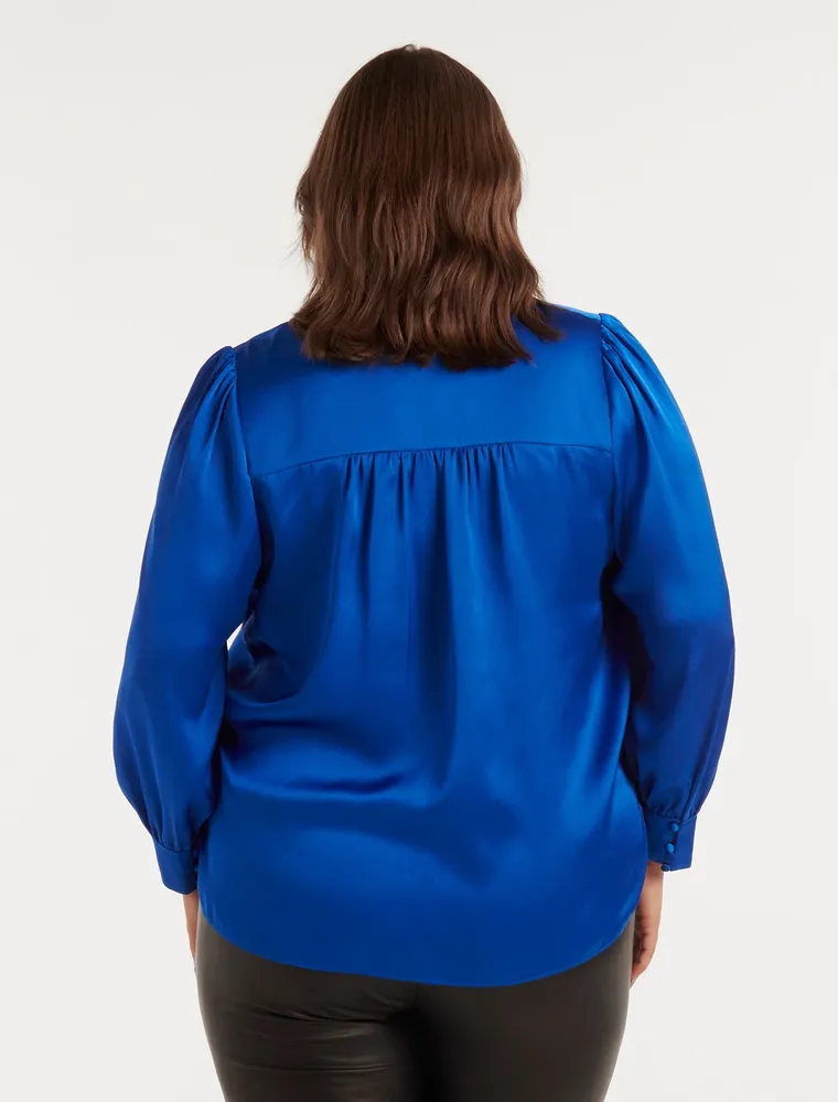 Sadie Curve Satin Wrap Blouse Azure Blue - 12 to 18 Women's Plus Blouses