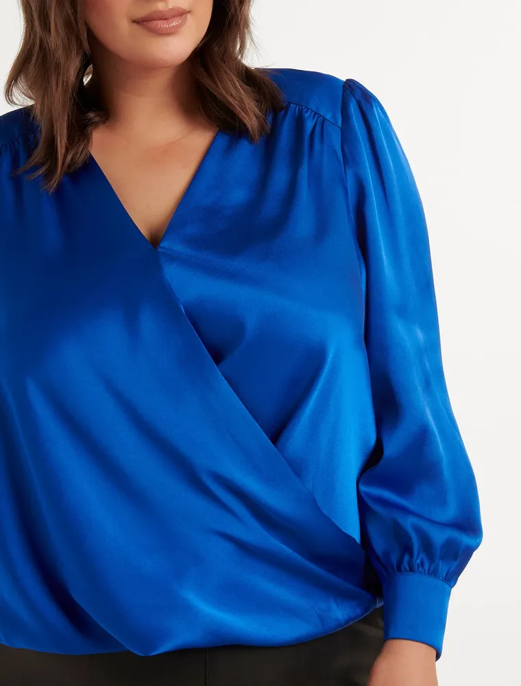 Sadie Curve Satin Wrap Blouse Azure Blue - 12 to 18 Women's Plus Blouses