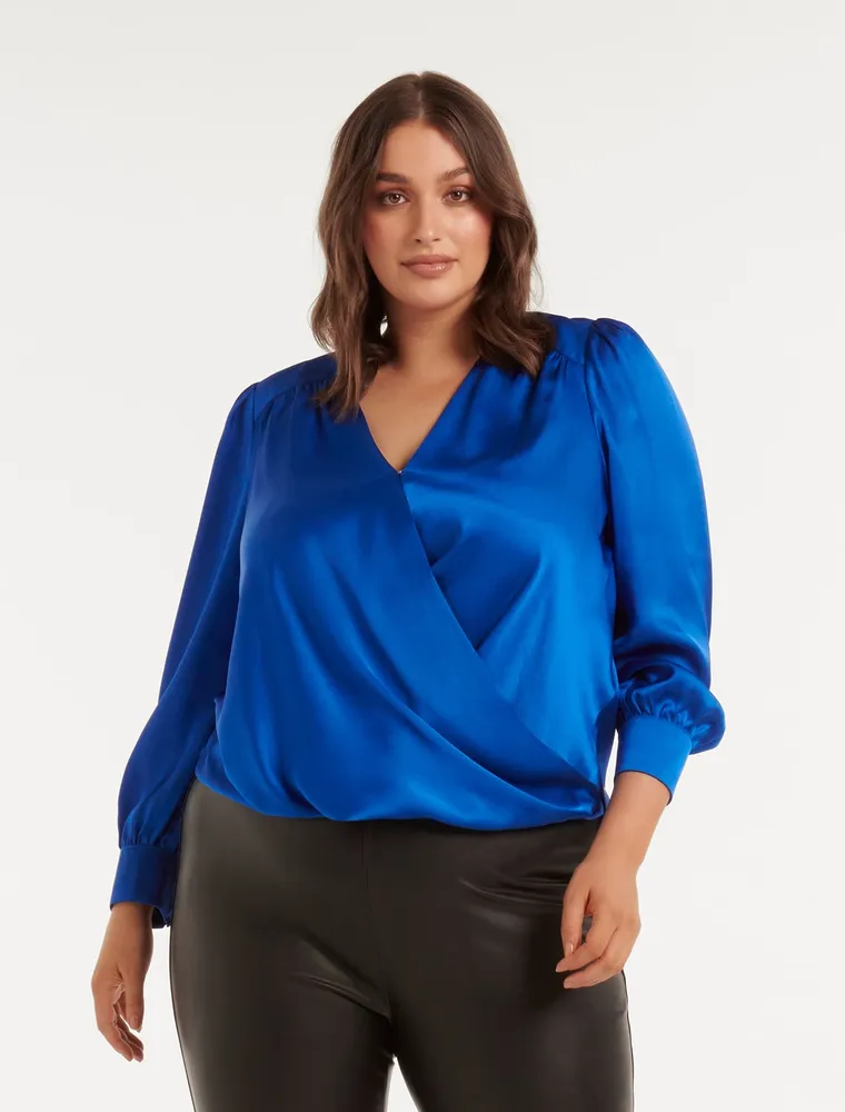 Sadie Curve Satin Wrap Blouse Azure Blue - 12 to 18 Women's Plus Blouses