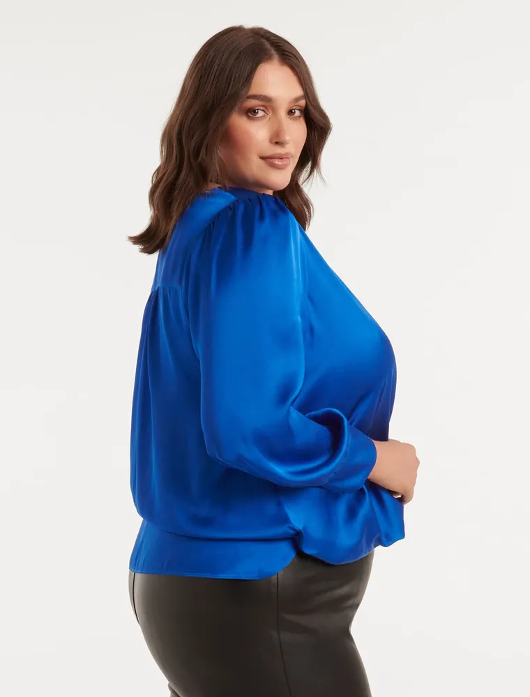 Sadie Curve Satin Wrap Blouse Azure Blue - 12 to 18 Women's Plus Blouses