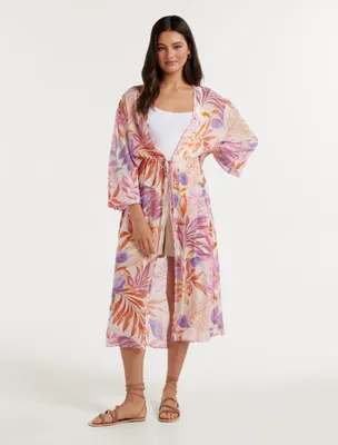 Bronte Longline Print Kimono in Tropical Print - One Size - Women's Outerwear