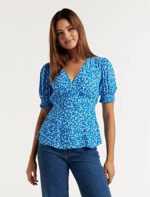 Aisha Printed Tie-Waist Blouse Blue Floral - 0 to 12 Women's Casual Tops