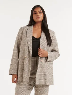 Fiona Curve Double-Breasted Blazer in Grey Check Print - Size 12 to 20 - Women's Plus Size Jackets