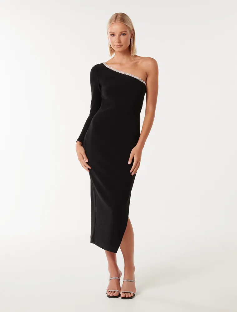 Monique One-Shoulder Trim Bodycon Dress in Black - Size 0 to 12 - Women's Event Dresses