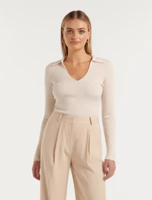 Selena Collar Knit Top Cream - 0 to 12 Women's Tops