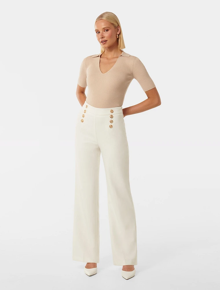 Sara Button Detail Wide-Leg Pants