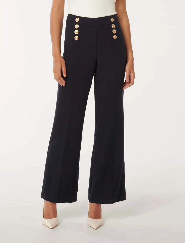 Sara Button Detail Wide-Leg Pants