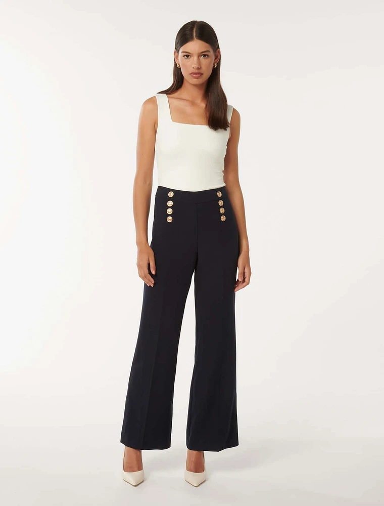 Sara Button Detail Wide-Leg Pants