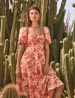 Quinni Twist-Front Midi Dress in Coral Floral Print - Size 0 to 12 - Women's Midi Dresses