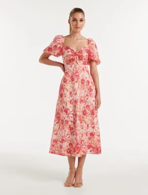 Quinni Twist-Front Midi Dress in Coral Floral Print - Size 0 to 12 - Women's Midi Dresses