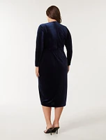 Julianne Curve Wrap Velvet Midi Dress Navy - 12 to 20 Women's Plus Event Dresses