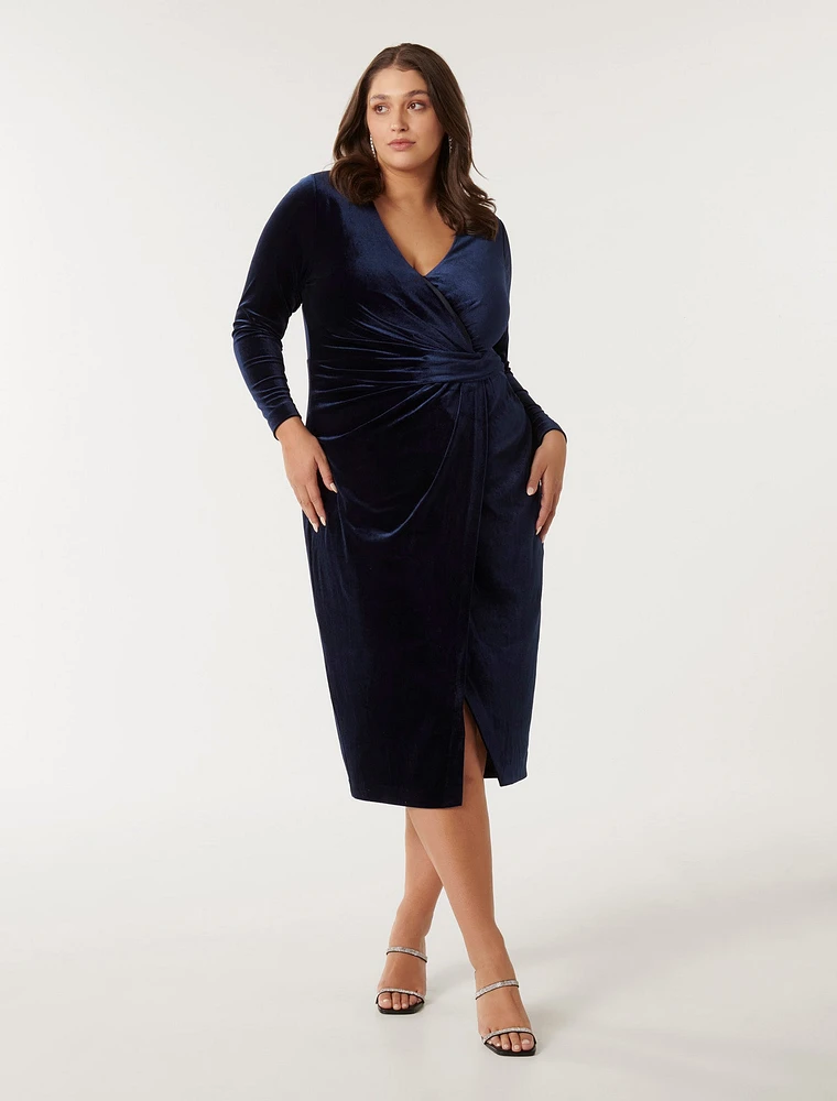 Julianne Curve Wrap Velvet Midi Dress Navy - 12 to 20 Women's Plus Event Dresses