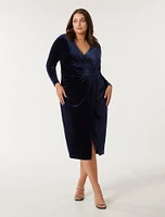 Julianne Curve Wrap Velvet Midi Dress Navy - 12 to 20 Women's Plus Event Dresses