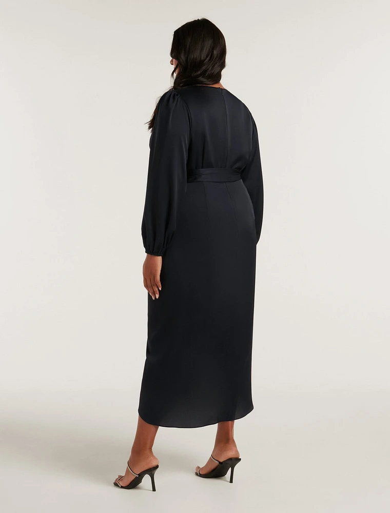 Leia Curve Wrap Satin Midi Dress Navy - 12 to 20 Women's Plus Event Dresses