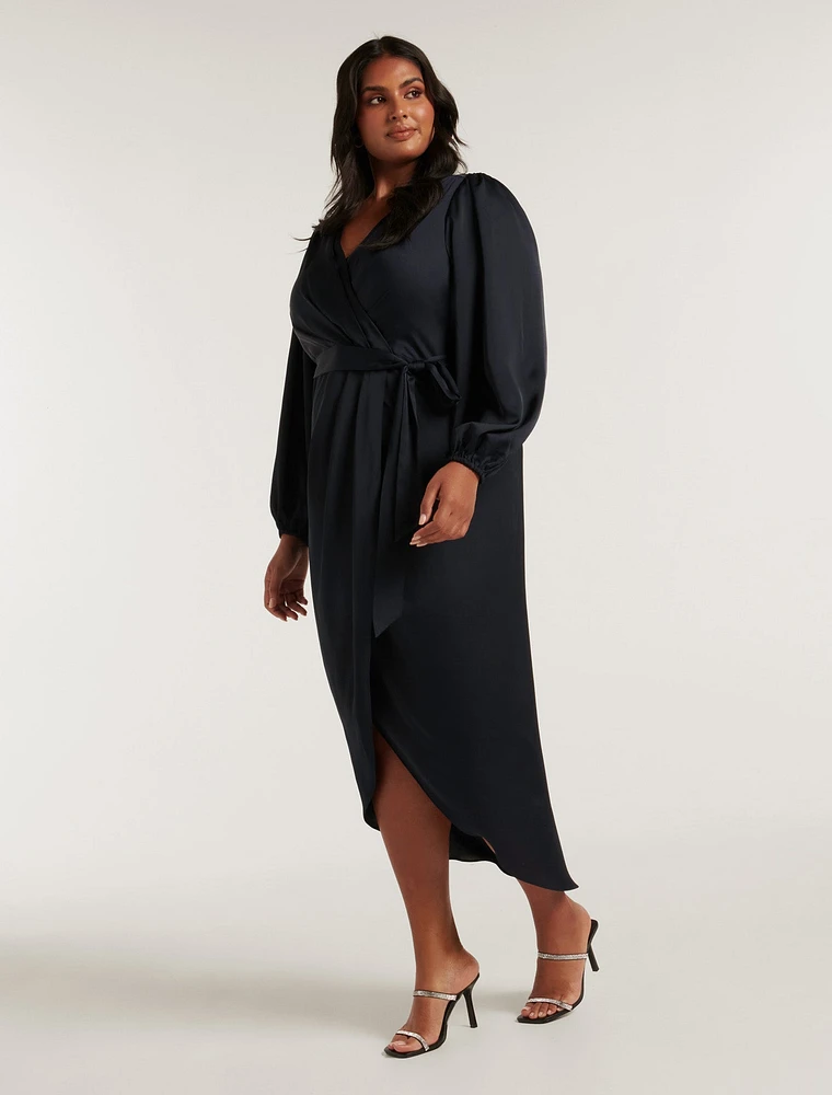 Leia Curve Wrap Satin Midi Dress Navy - 12 to 20 Women's Plus Event Dresses