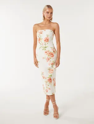 Tiana Strapless Midi Dress in White Floral Print - Size 0 to 12 - Women's Event Dresses