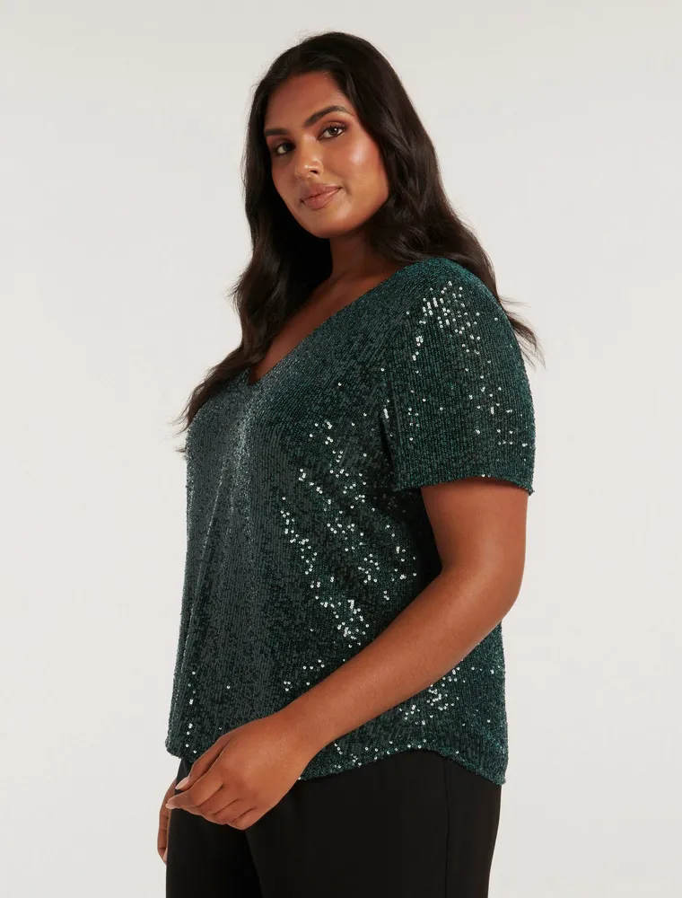 Lizzy Curve V-Neck Sequin Tee